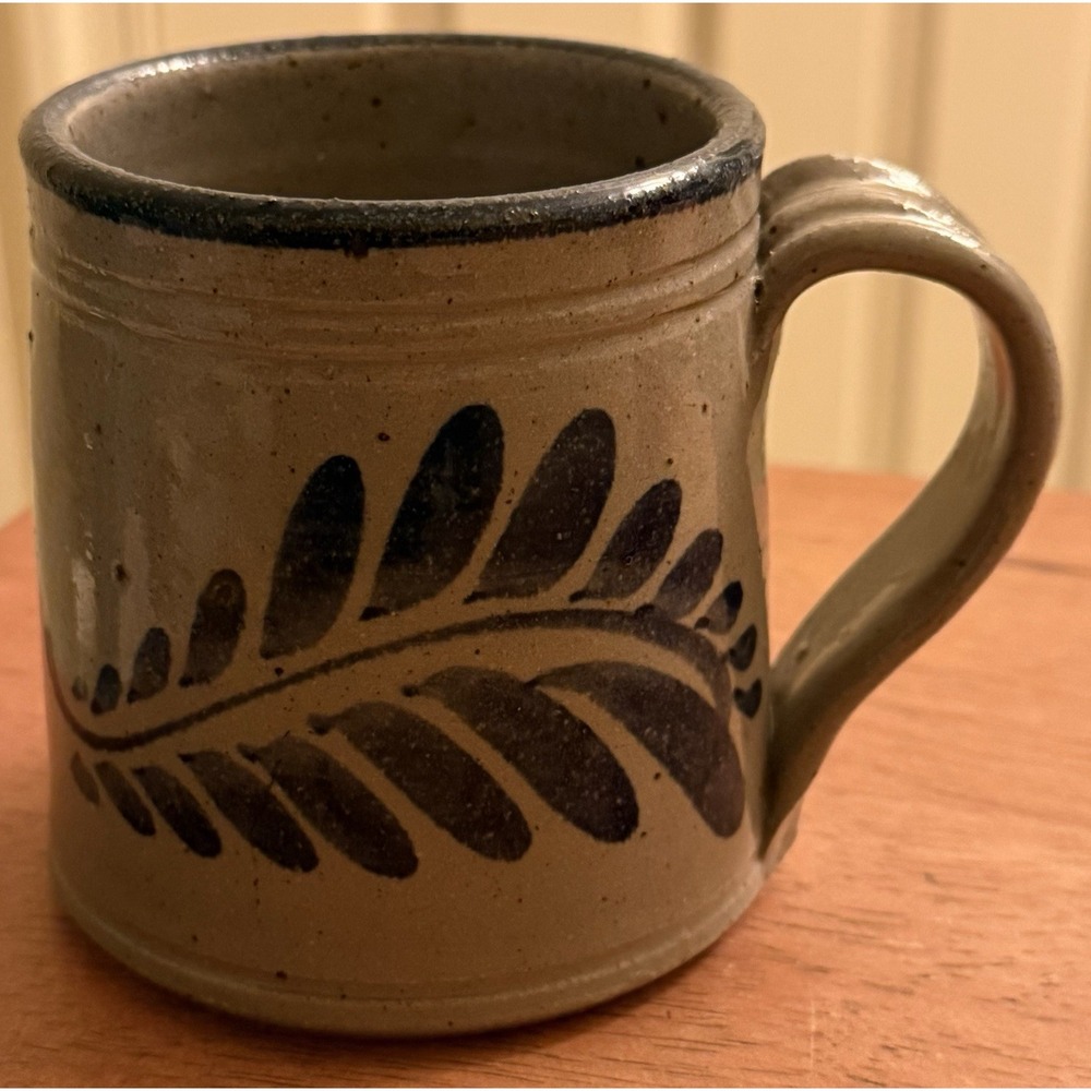 Vintage Signed‎ Salt Glazed Blue Leaf Art Pottery Blue Mug 1985